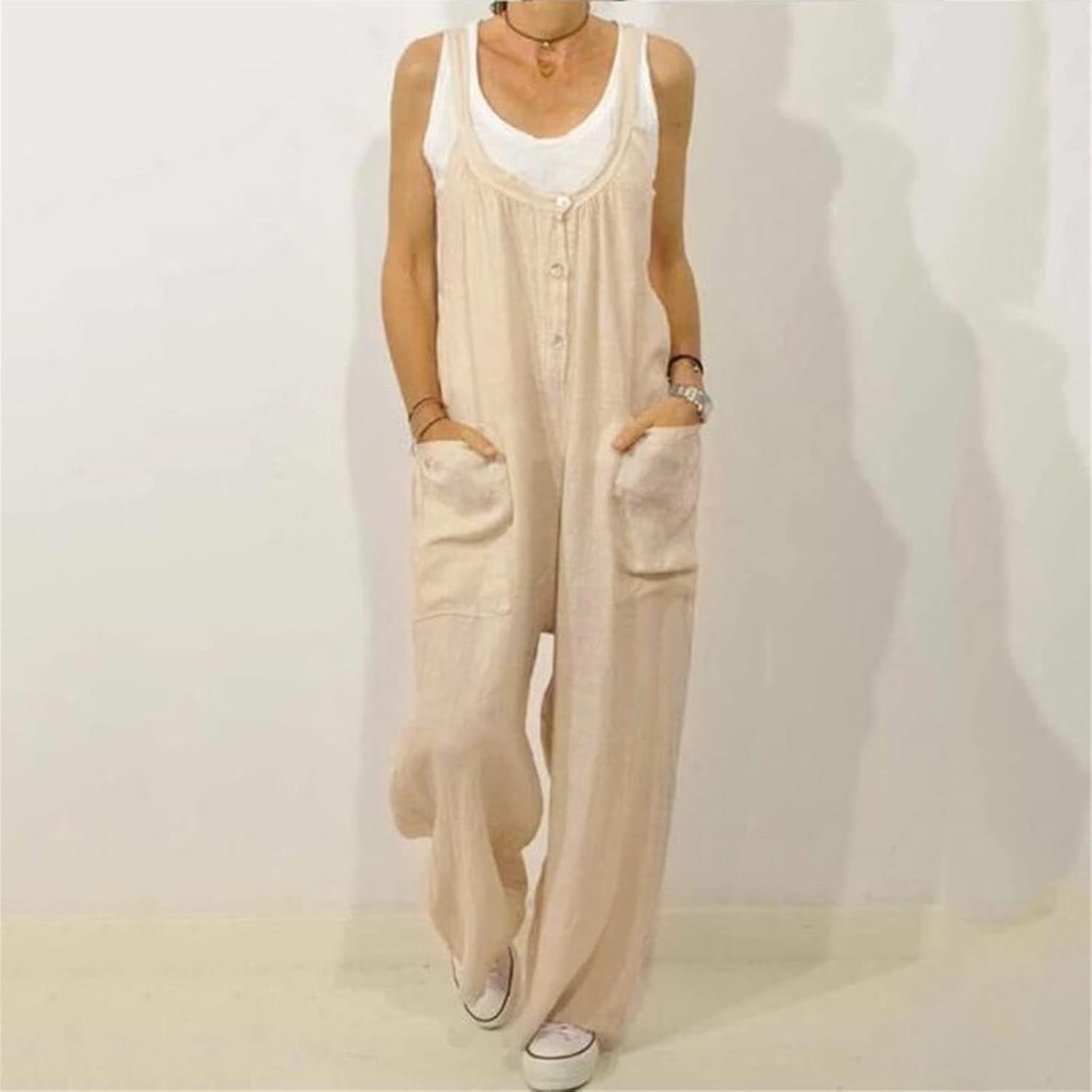 Women'S Jumpsuits Casual Baggy Overalls Cotton Long Rompers Wide Leg Solid Pants U Neck Summer One Piece Playsuit