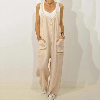 Women'S Jumpsuits Casual Baggy Overalls Cotton Long Rompers Wide Leg Solid Pants U Neck Summer One Piece Playsuit