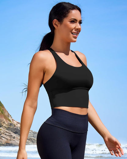 Sports Bras for Women High Support Longline Workout Tank Tops Built in Bra Padded Strappy Yoga Crop Top Cross Gym