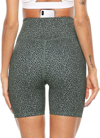 Women'S High Waist Print Workout Yoga Shorts with 2 Hidden Pockets, Non See-Through Tummy Control Athletic Shorts