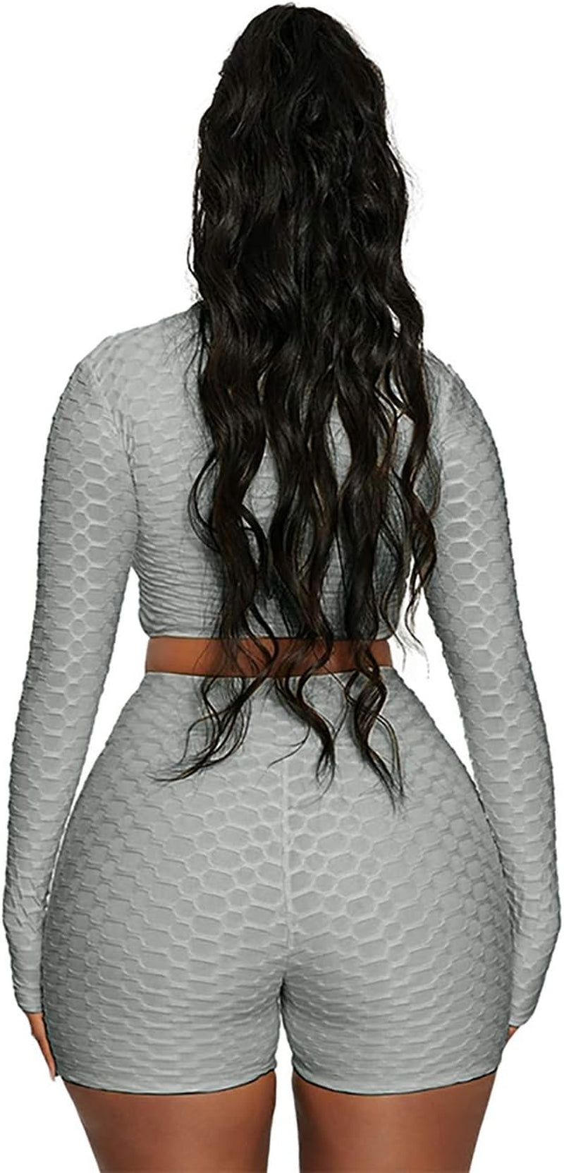 Workout 2 Piece Outfits for Women, Sport Long Sleeve Crop Tops and High Waist Bodycon Yoga Shorts Set Tracksuit