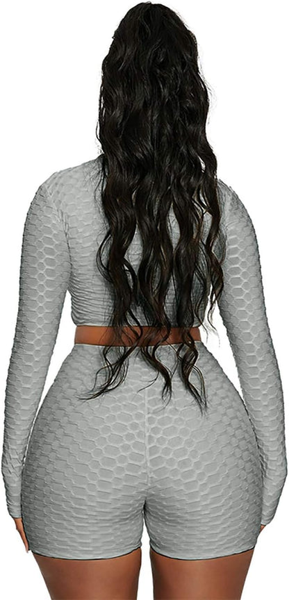 Workout 2 Piece Outfits for Women, Sport Long Sleeve Crop Tops and High Waist Bodycon Yoga Shorts Set Tracksuit