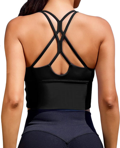 Sports Bras for Women High Support Longline Workout Tank Tops Built in Bra Padded Strappy Yoga Crop Top Cross Gym