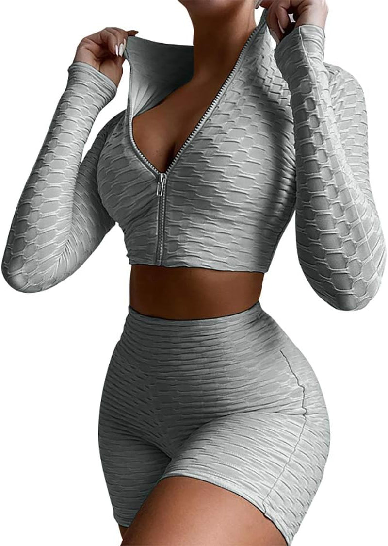 Workout 2 Piece Outfits for Women, Sport Long Sleeve Crop Tops and High Waist Bodycon Yoga Shorts Set Tracksuit