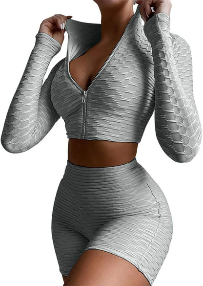 Workout 2 Piece Outfits for Women, Sport Long Sleeve Crop Tops and High Waist Bodycon Yoga Shorts Set Tracksuit