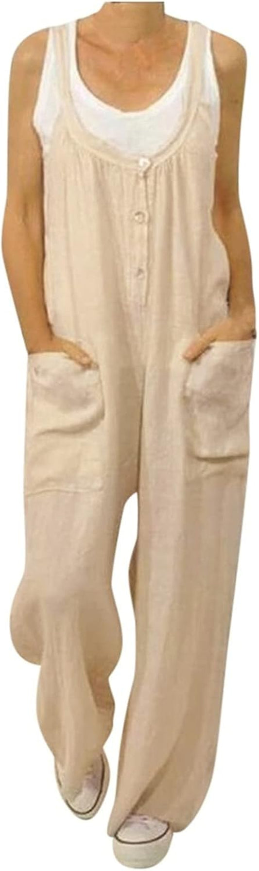 Women'S Jumpsuits Casual Baggy Overalls Cotton Long Rompers Wide Leg Solid Pants U Neck Summer One Piece Playsuit