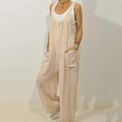 Women'S Jumpsuits Casual Baggy Overalls Cotton Long Rompers Wide Leg Solid Pants U Neck Summer One Piece Playsuit