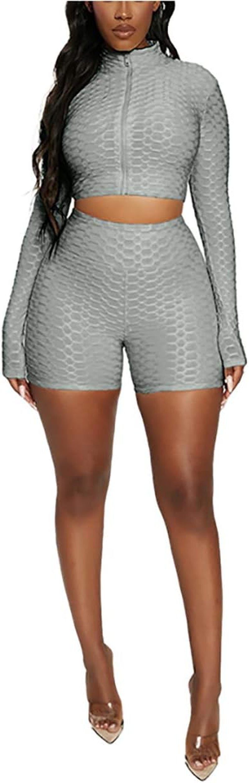 Workout 2 Piece Outfits for Women, Sport Long Sleeve Crop Tops and High Waist Bodycon Yoga Shorts Set Tracksuit